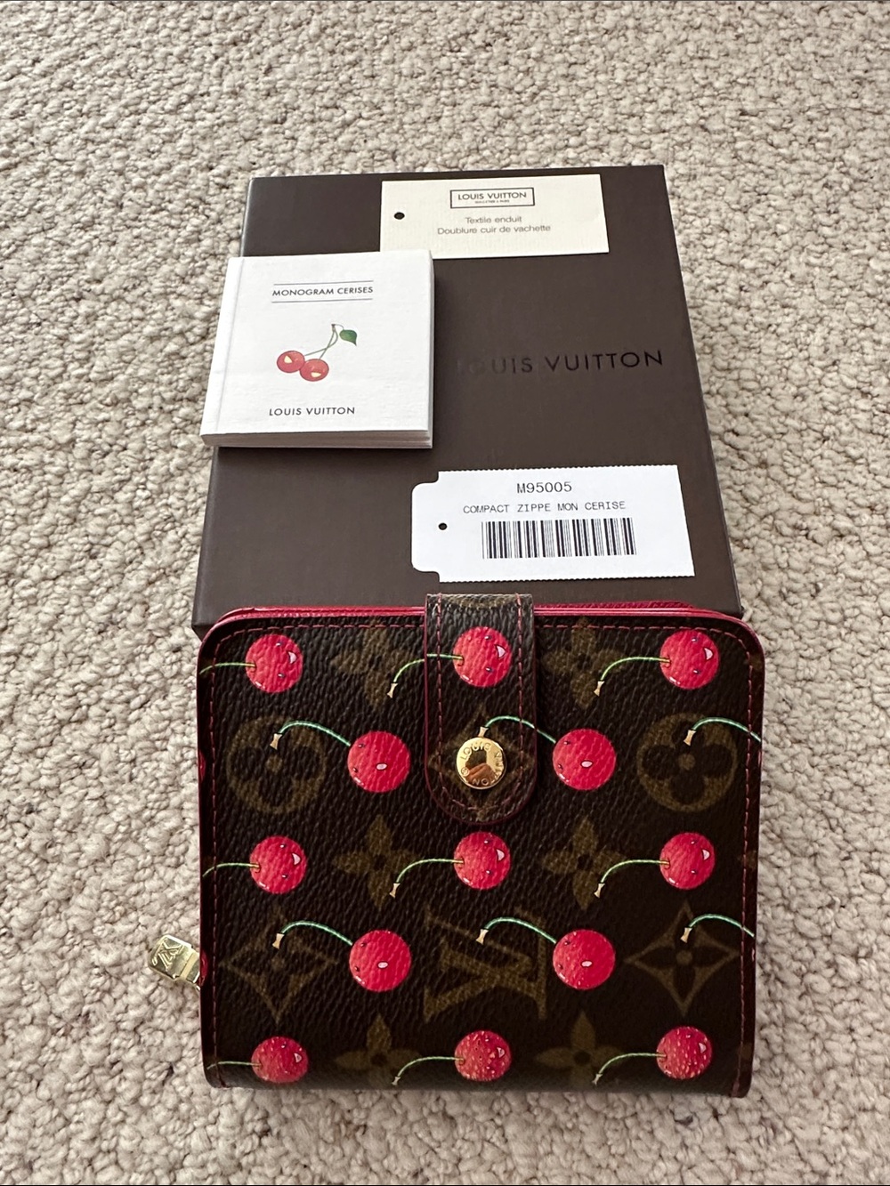 EUC Louis Vuitton Brown Monogram Cherry Compact Zip Wallet with Red Cherries